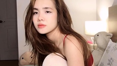 Horny amateur masked Asian teen toying on webcam show