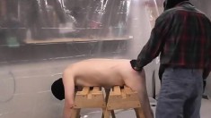 Blindfolded guy gets his white ass spanked by two horny masked dudes