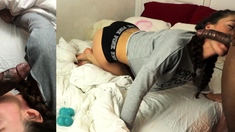 Sexy ebony girl wakes up and sucks a big fat cock