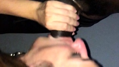 Gorgeous blonde teen whore giving awesome big cock handjob