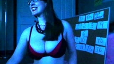 Busty curly brunette with big boobs fucks on couch