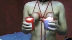 Self bondage tits play